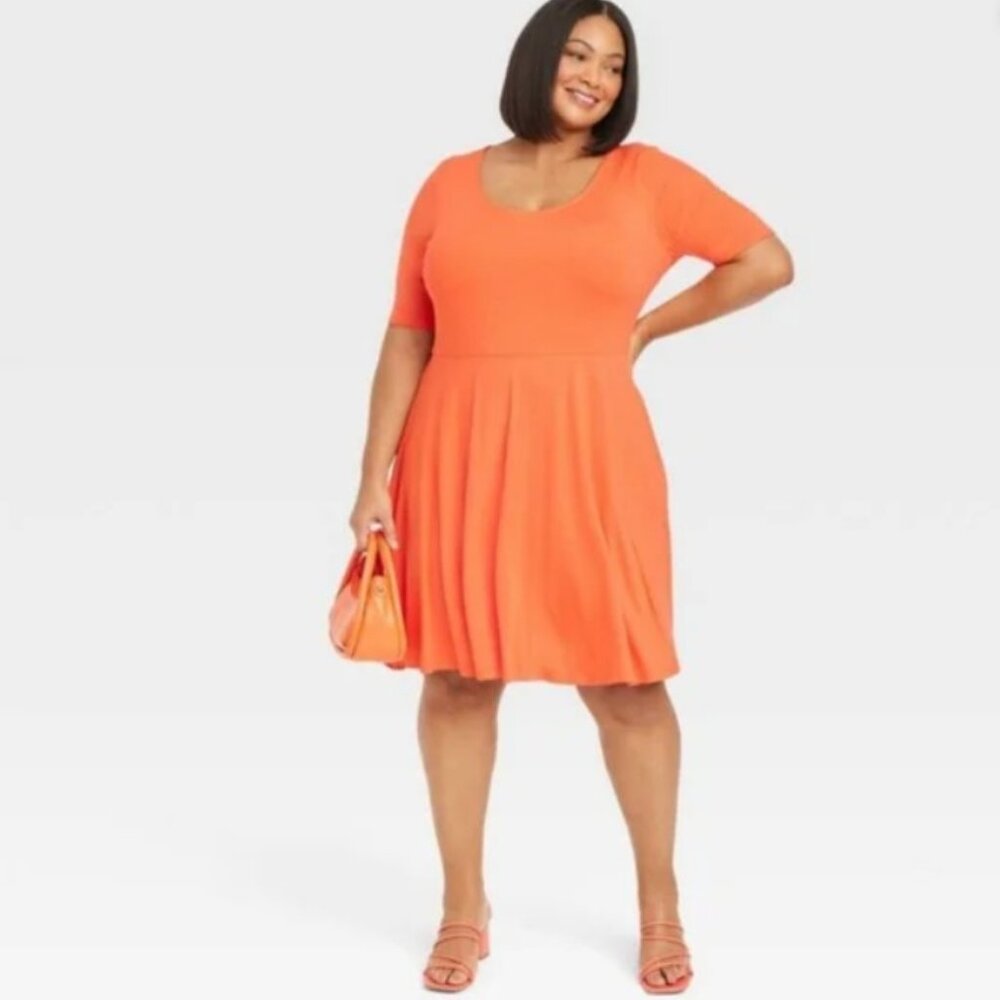 Ava & Viv Orange Peach Coral Fit Flare Knee Midi Skater Swing Dress NWT 2X